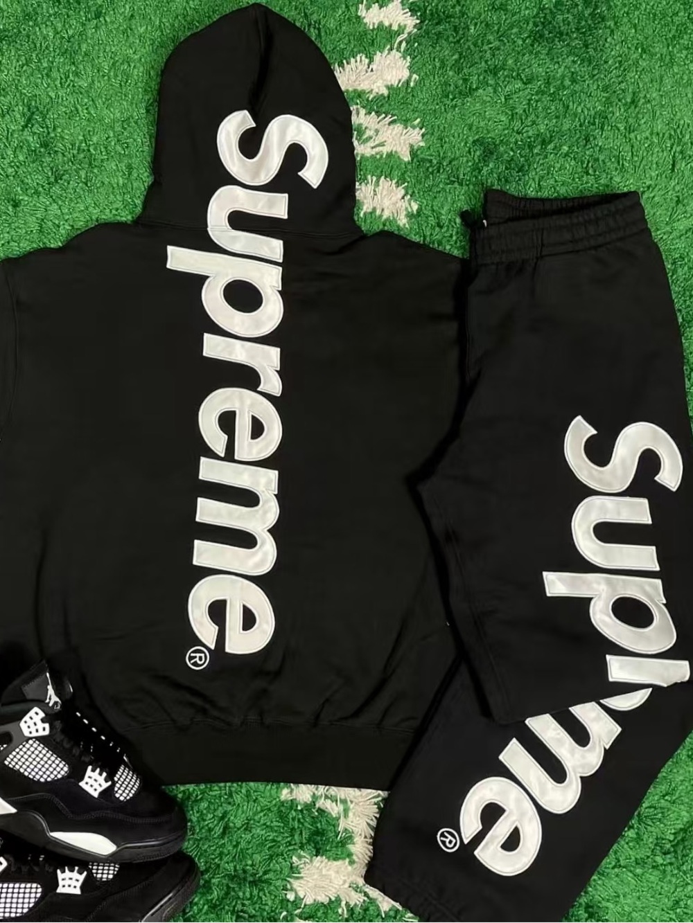 Supreme Black Hoodie & Joggers Set with White Vertical Logo